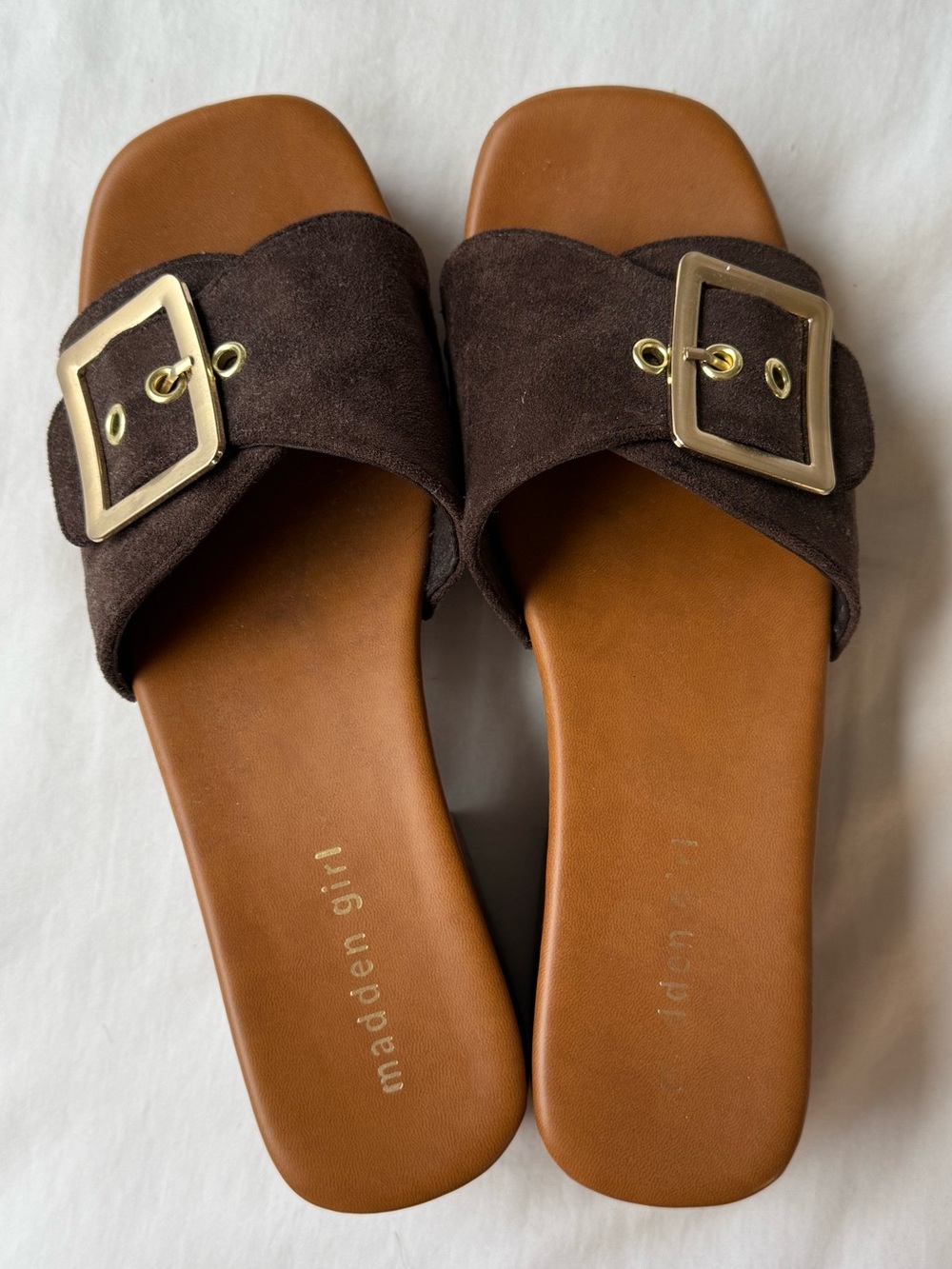 Madden Girl Dark Brown Suede Slide Sandals with Gold adjustable buckle!